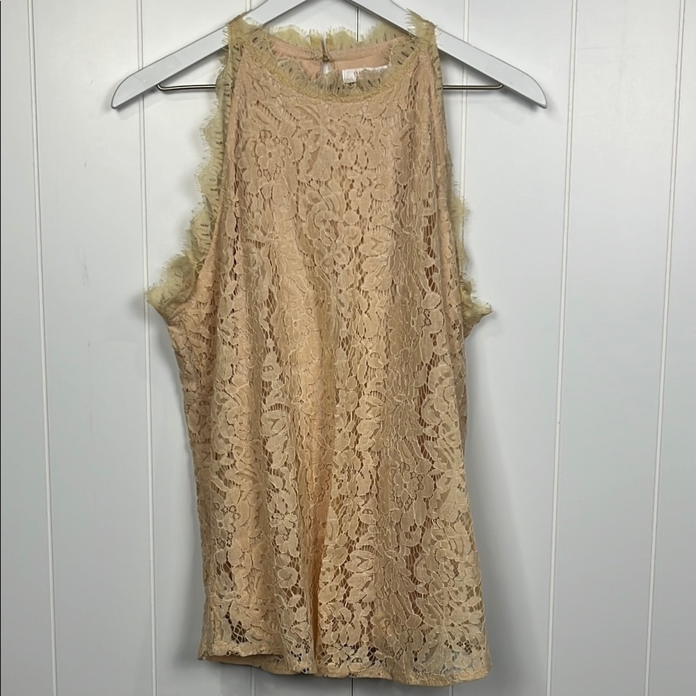 Halife Womens Top L Pale Pink Lacey Top Lined Sleeveless Pullover Keyhole Dainty